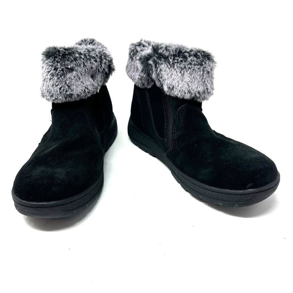 Khombu Size 7 Boots Black Leather Slip On Faux Fur Side Zip Winter Snow Warm